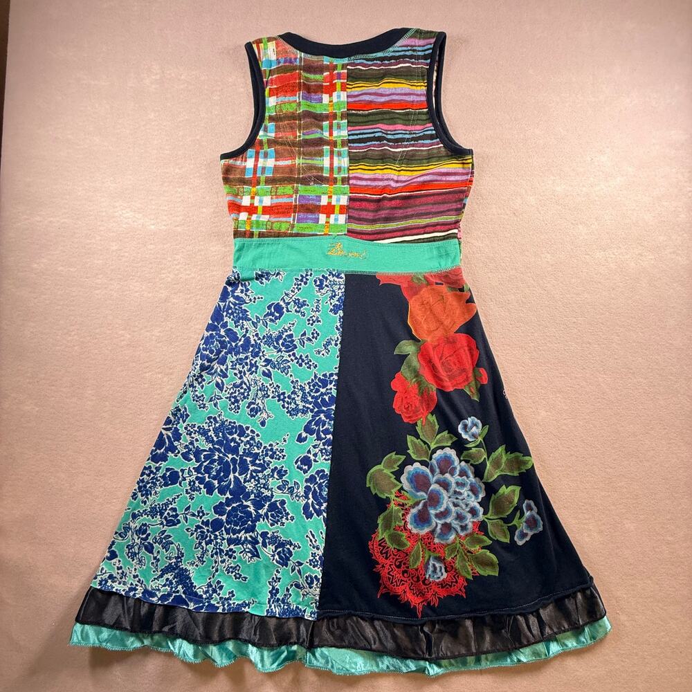 Vtg Y2K Desigual tank top dress - v neck multi fabric floral stripes lagenlook L - Picture 10 of 11